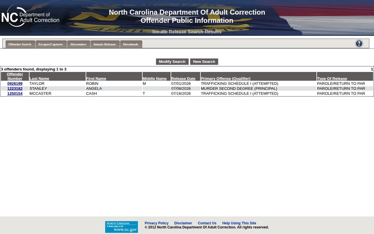 Caswell County released inmate records in the NCDAC release search